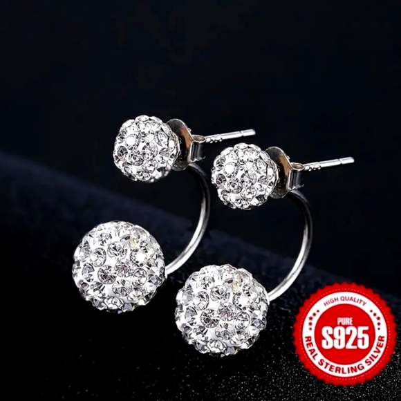Galinas Jewelry - Sterling Silver S925.  Double Rhinestone Ball Ear  Classic Daily Wear Perfect